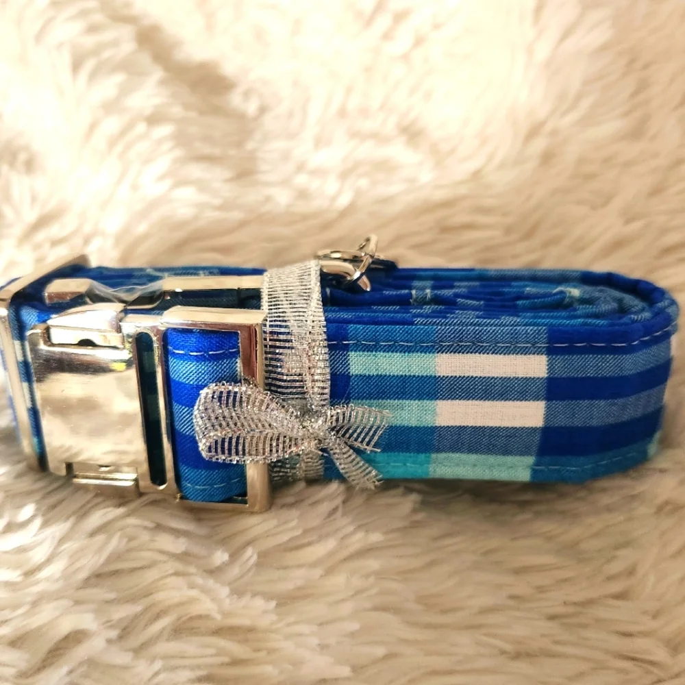 DOGWONG Blue Plaid Cotton Collar and Bow
